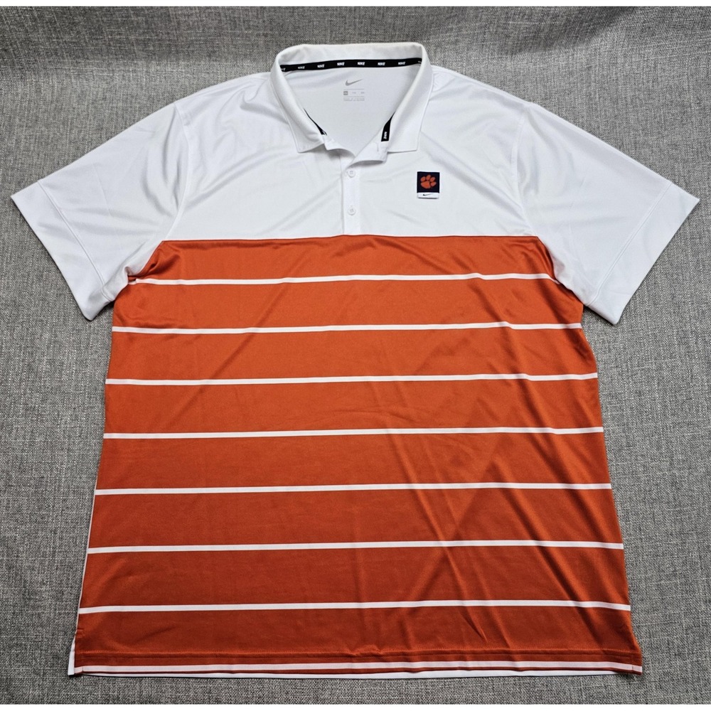 Clemson Tigers Shirt Mens 2XL White Orange NCAA Football Nike Golf Polo Stripe
